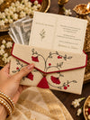 Gulmohar Khadi shagun envelope in hand with wishes card and Rs 500 notes