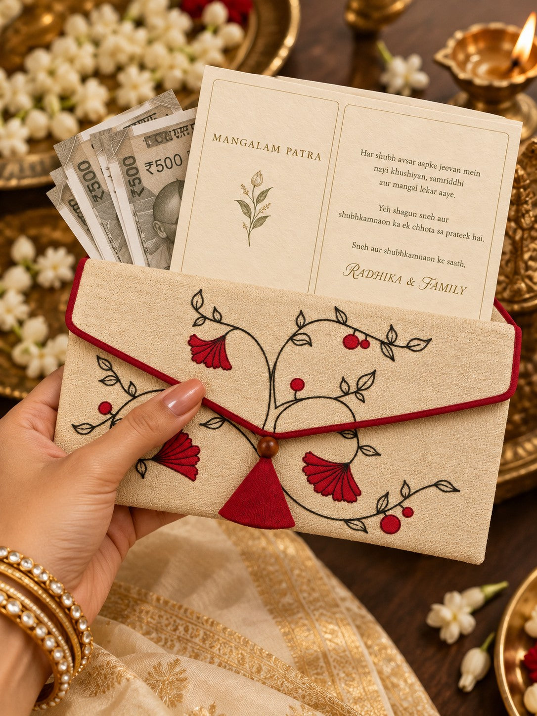 Gulmohar Khadi shagun envelope in hand with wishes card and Rs 500 notes