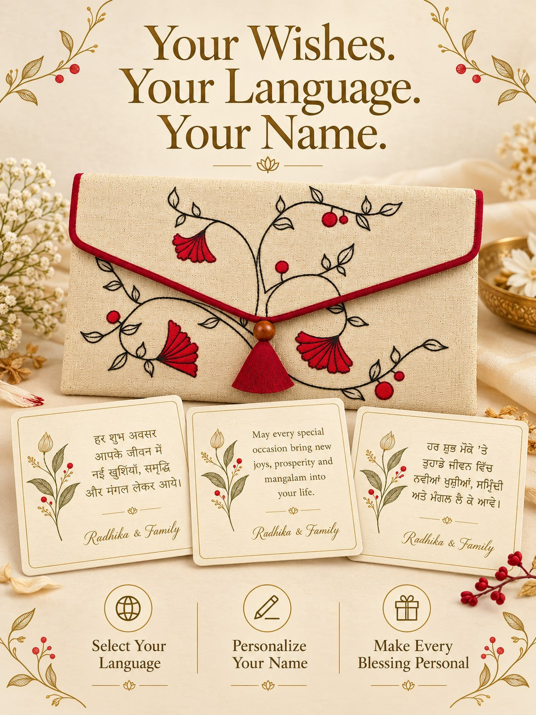 Personalised wishes card in Hindi, English and Punjabi with name