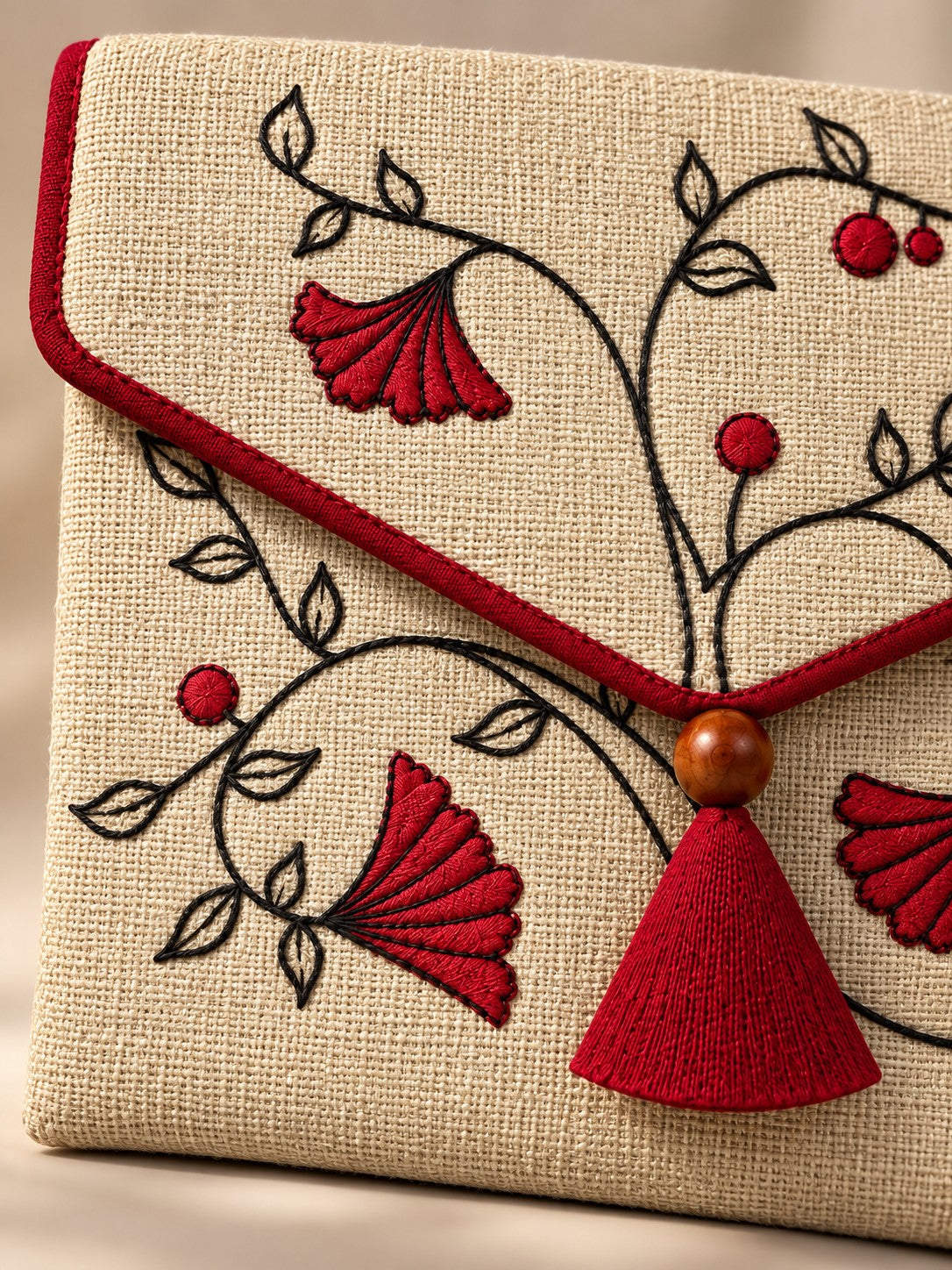 Close-up of hand embroidery on the Gulmohar Khadi shagun envelope