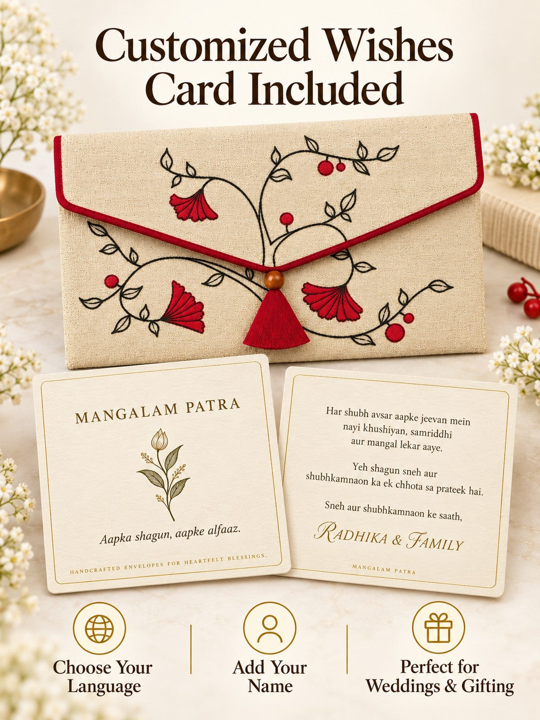 Customised wishes card included with Khadi shagun envelope