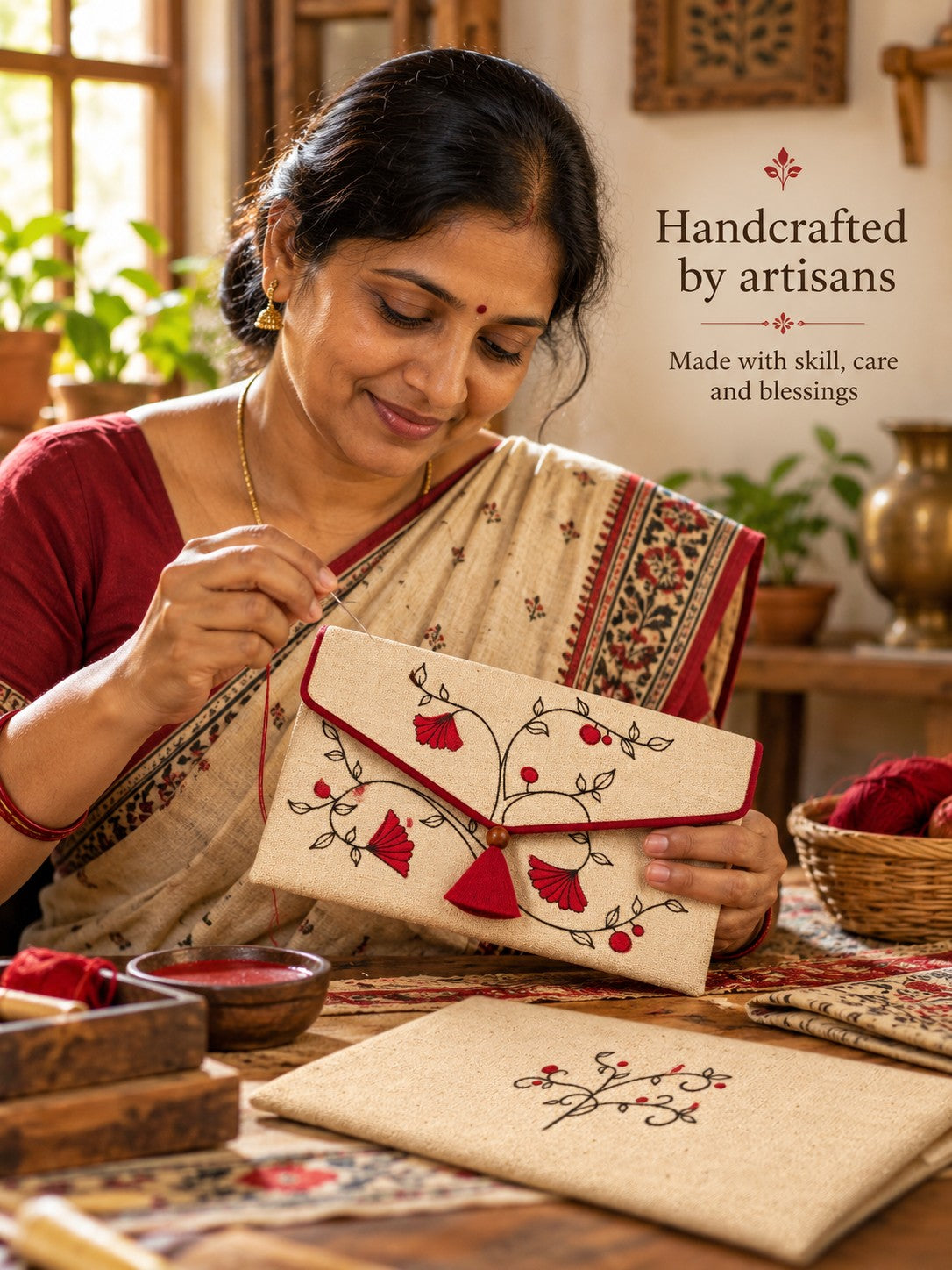 Artisan hand embroidering the Gulmohar Khadi shagun envelope