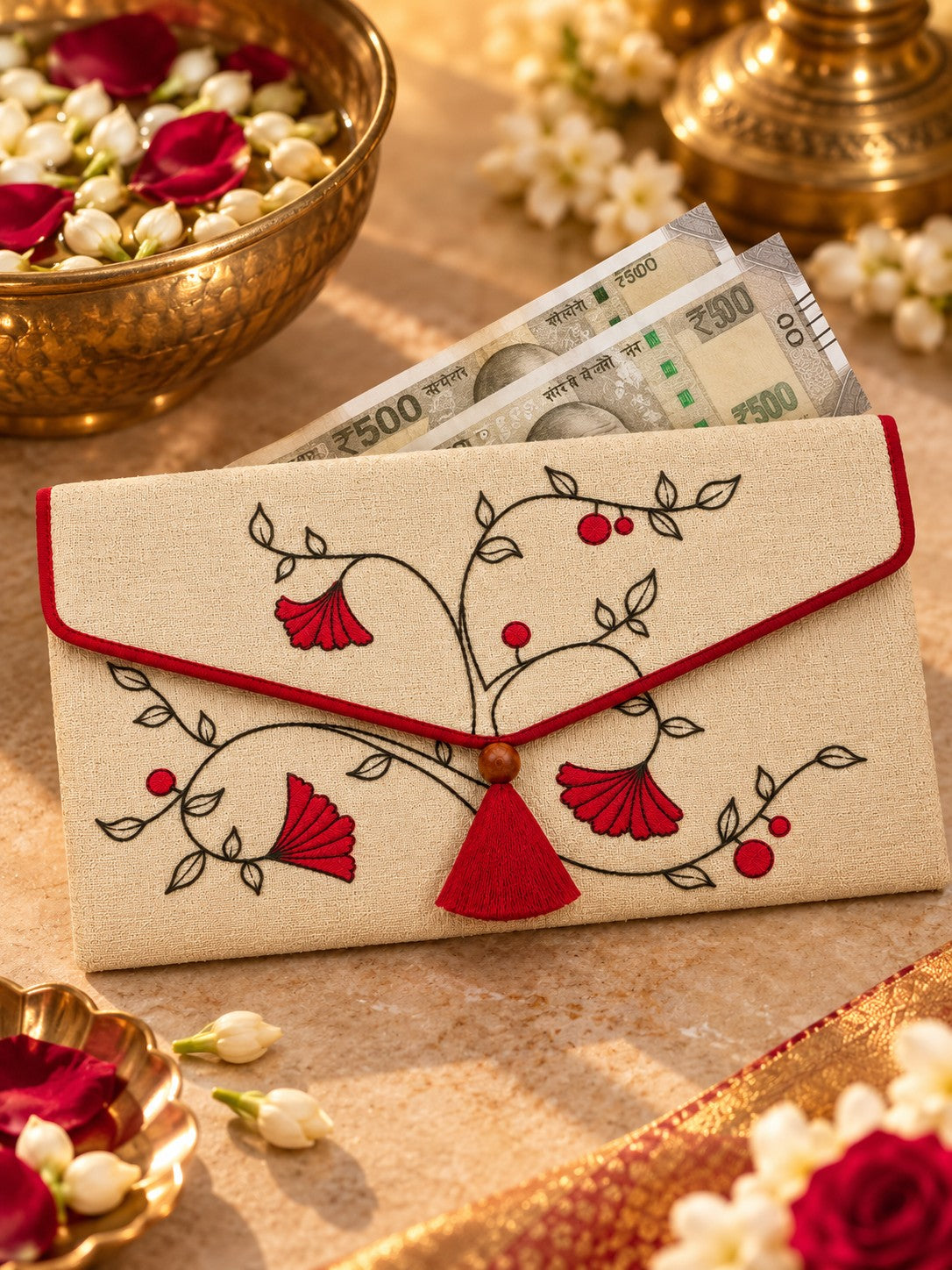 Gulmohar Khadi shagun envelope with Rs 500 notes