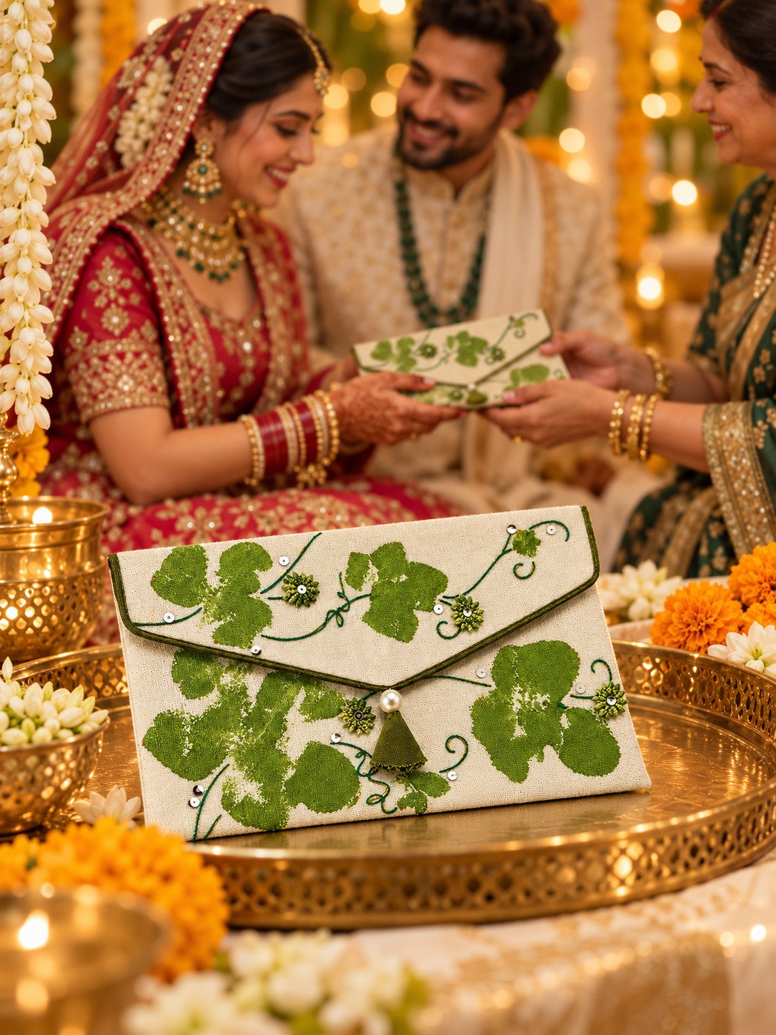 Hariyali Khadi shagun envelope at an Indian wedding