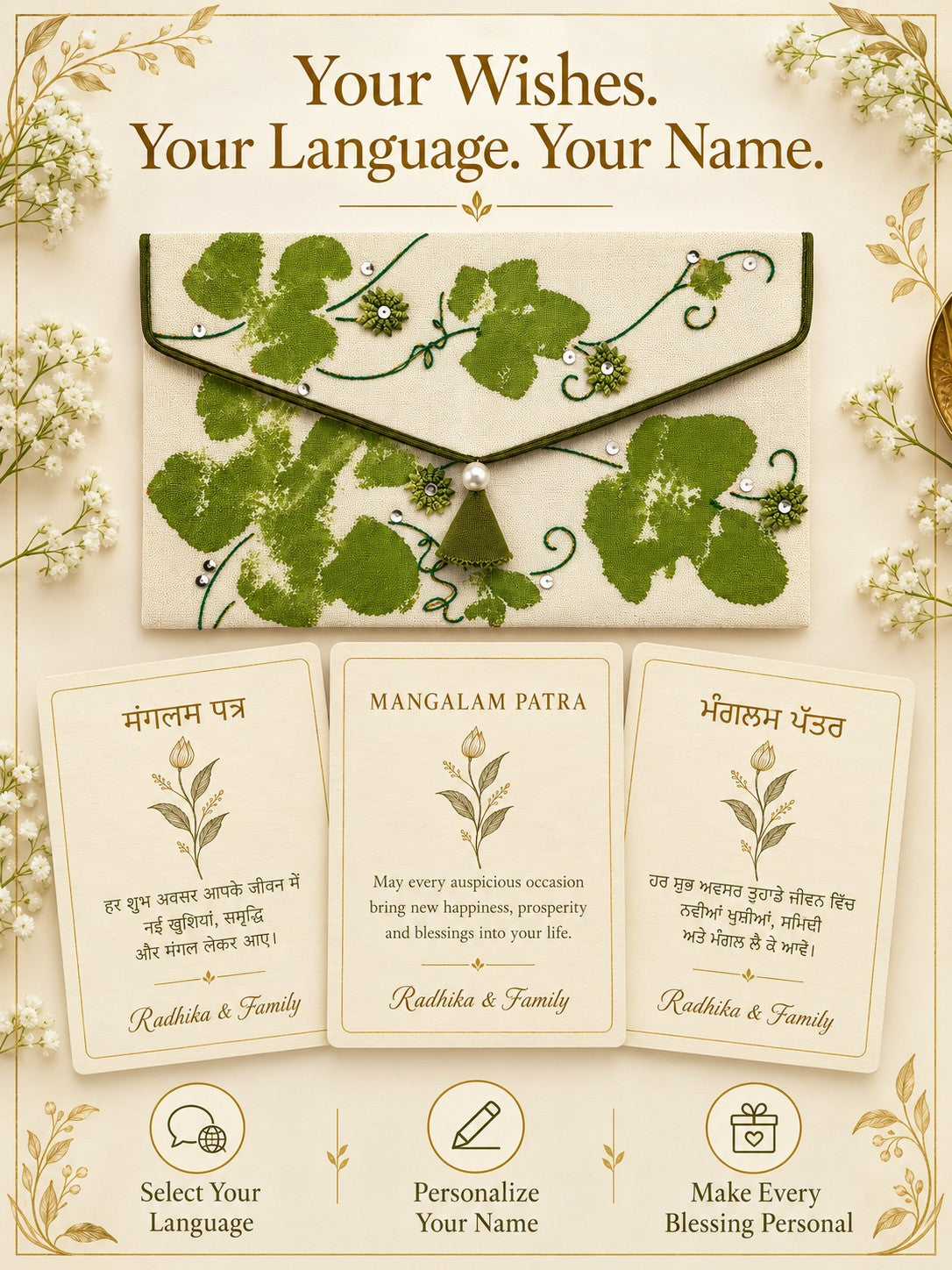 Personalised wishes card in Hindi, English and Punjabi with name