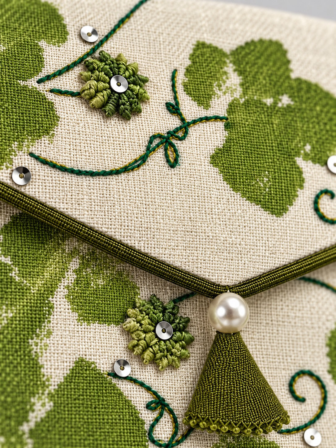 Close-up of hand embroidery on the Hariyali Khadi shagun envelope