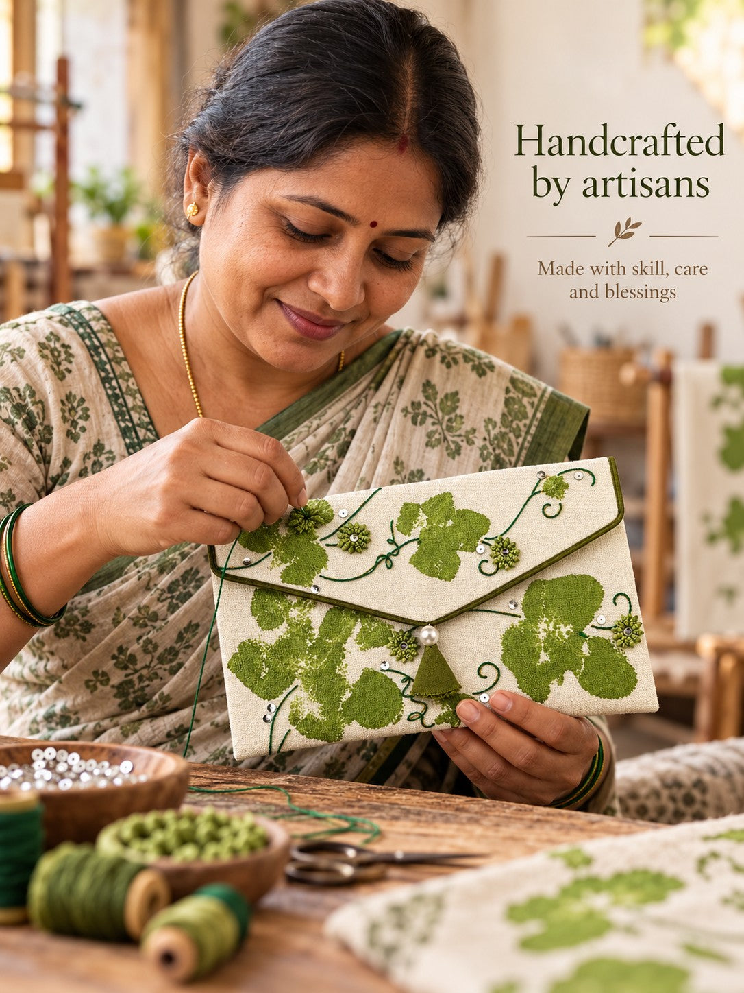 Artisan hand embroidering the Hariyali Khadi shagun envelope