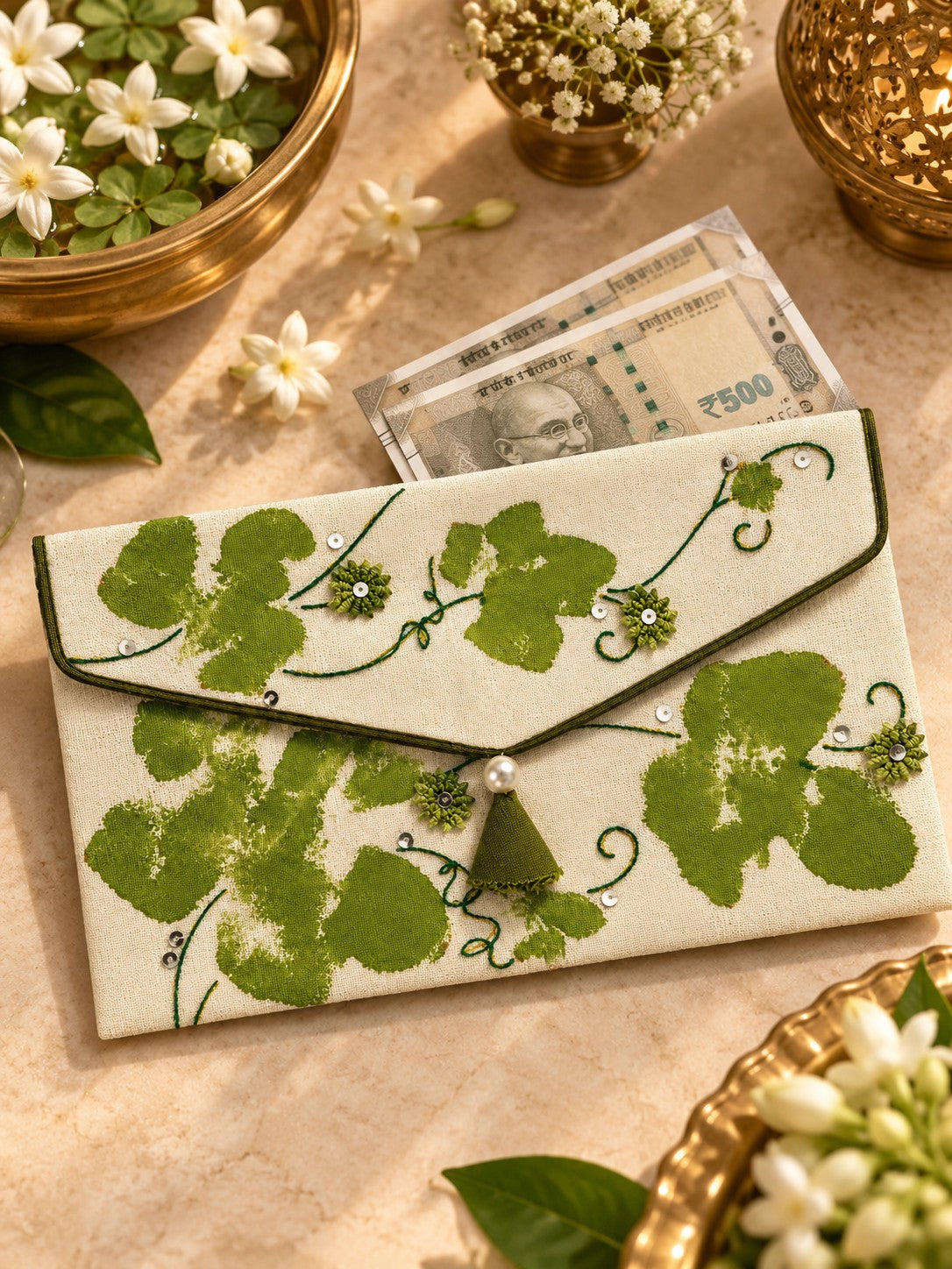 Hariyali Khadi shagun envelope with Rs 500 notes