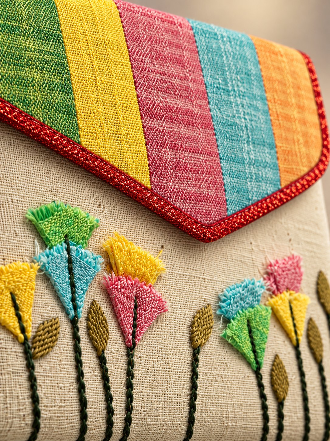 Close-up of hand embroidered flowers on Khadi envelope