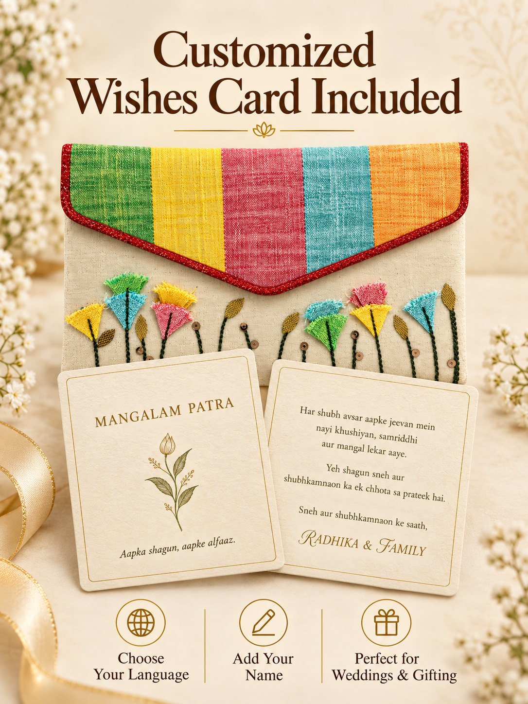 Customised wishes card included with Khadi shagun envelope