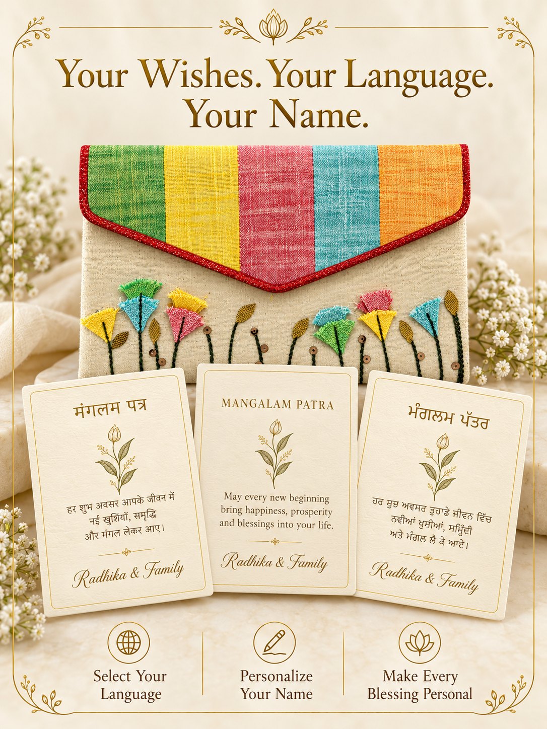 Personalised wishes card in Hindi, English and Punjabi with name