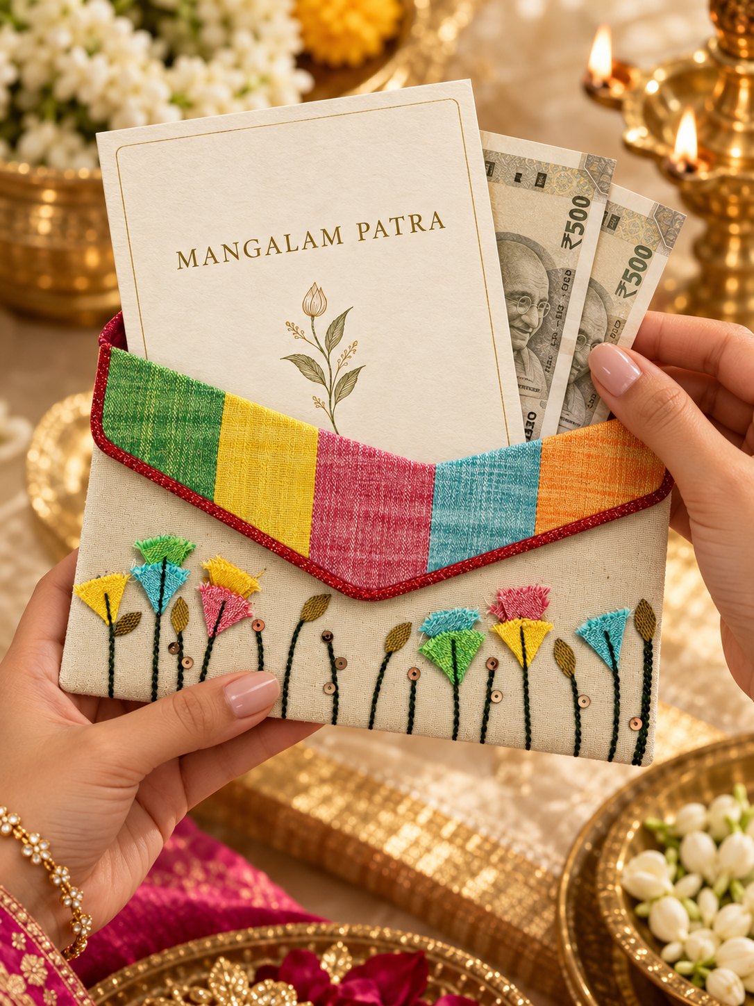 Hand holding shagun envelope with card and cash