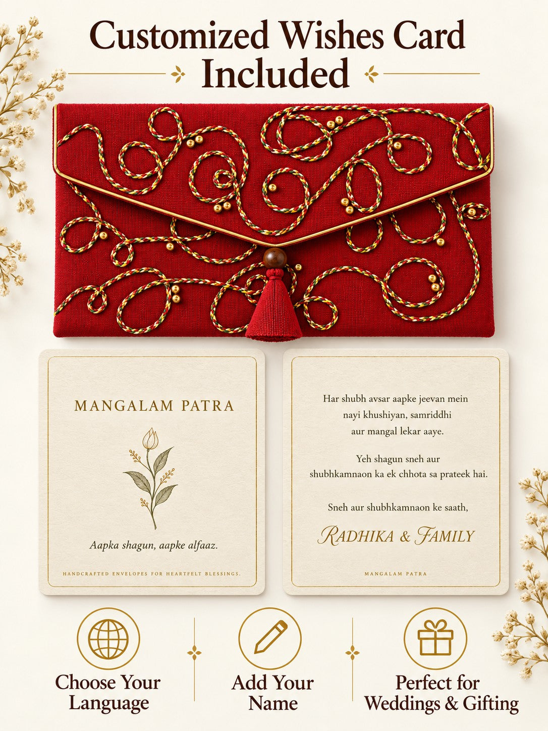 Customised wishes card included with Khadi shagun envelope