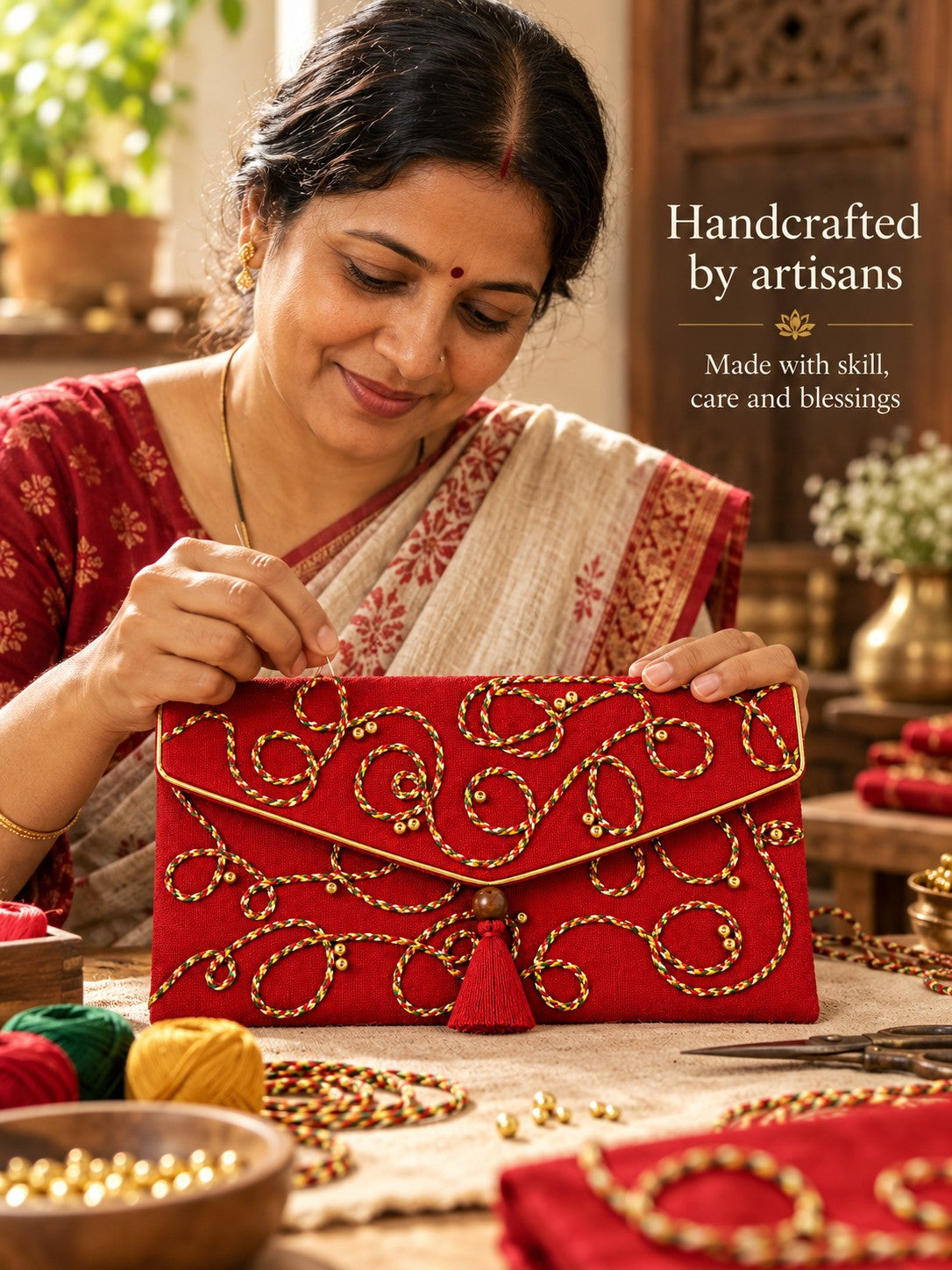 Artisan hand embroidering the Lehar Khadi shagun envelope
