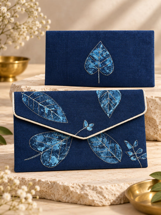 Front and back of the Neel Pallav indigo Khadi shagun envelope