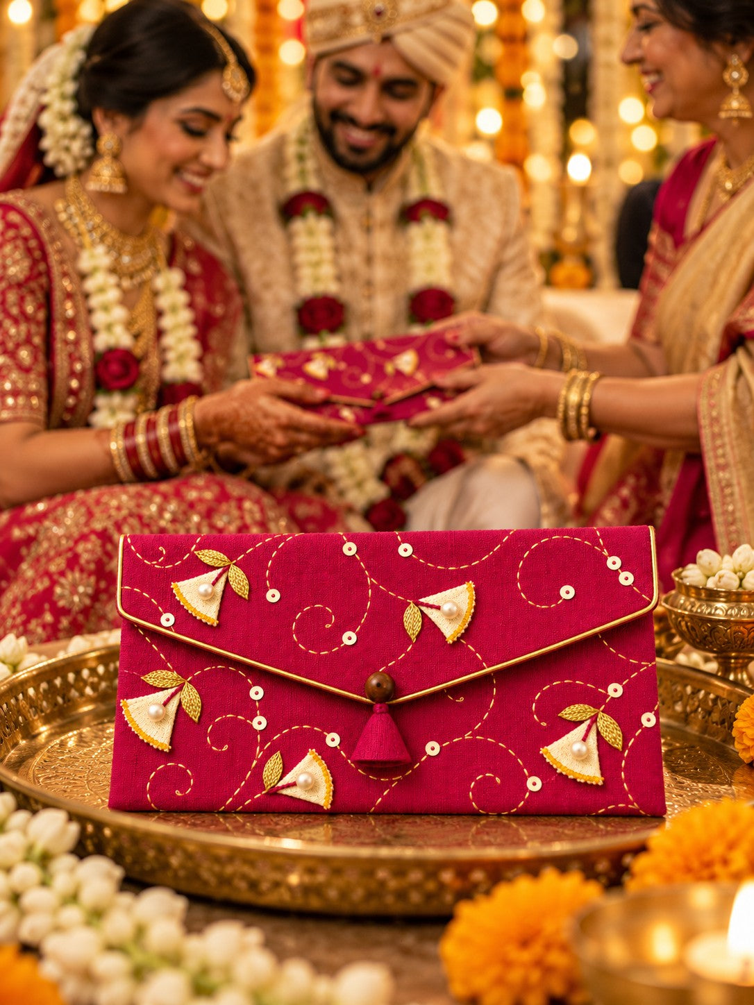 Rani Khadi shagun envelope at an Indian wedding