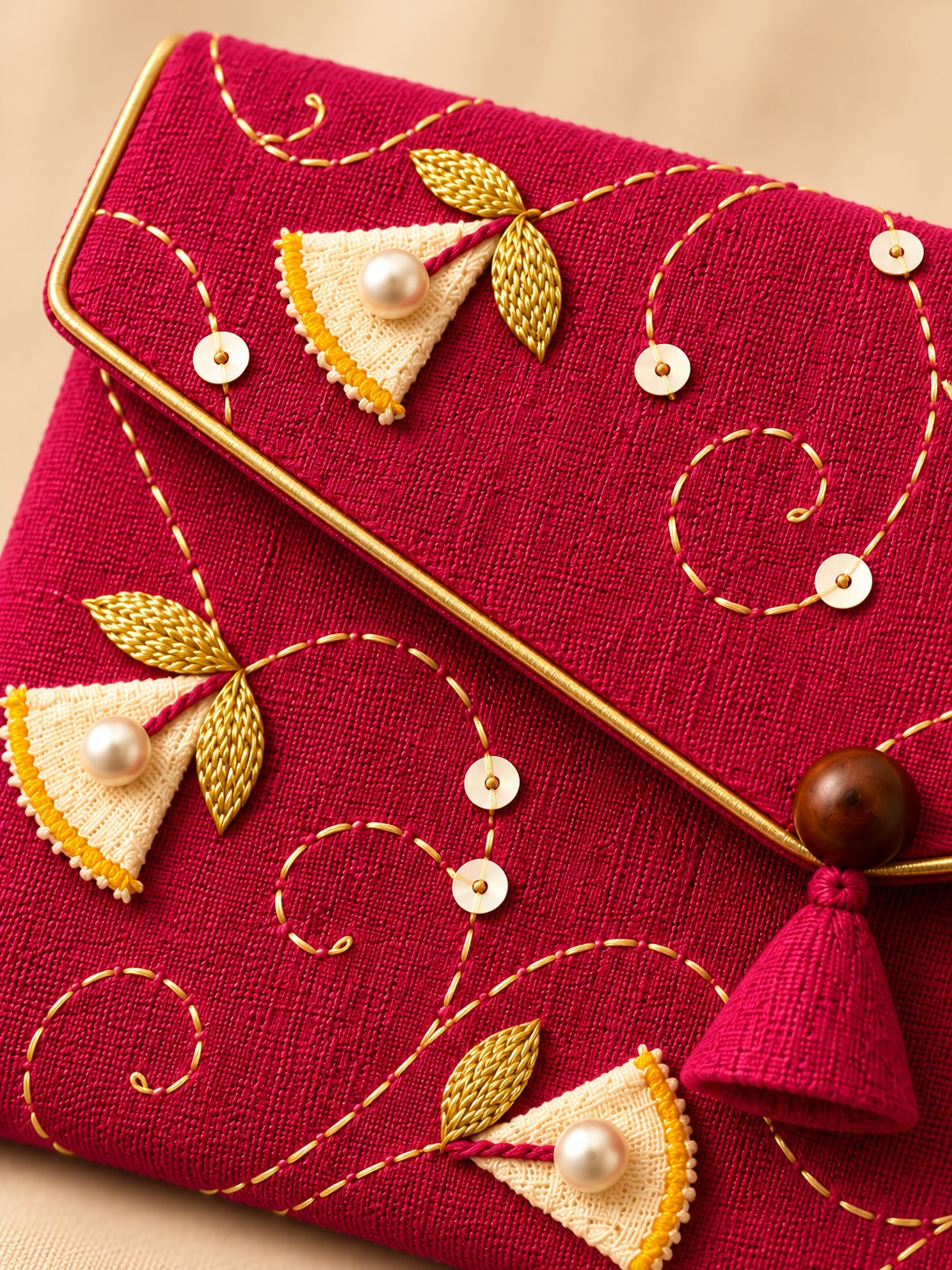 Close-up of hand embroidery on the Rani Khadi shagun envelope