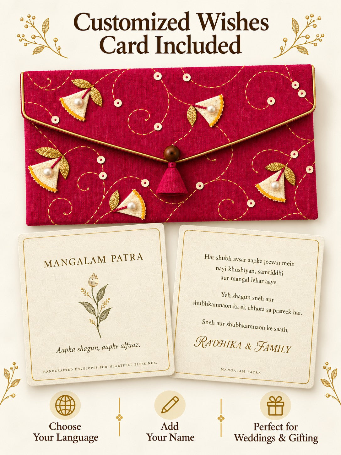 Customised wishes card included with Khadi shagun envelope