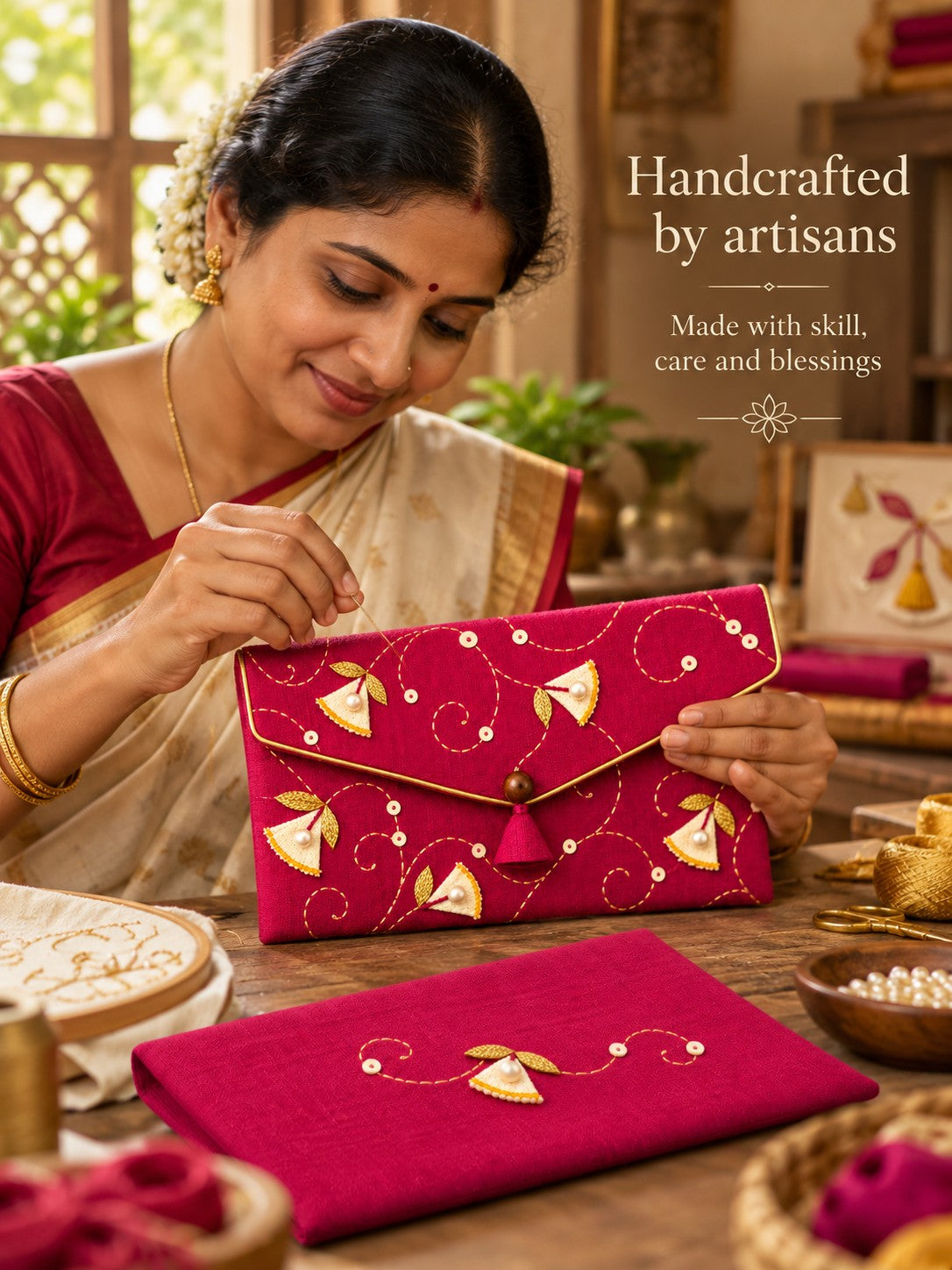 Artisan hand embroidering the Rani Khadi shagun envelope