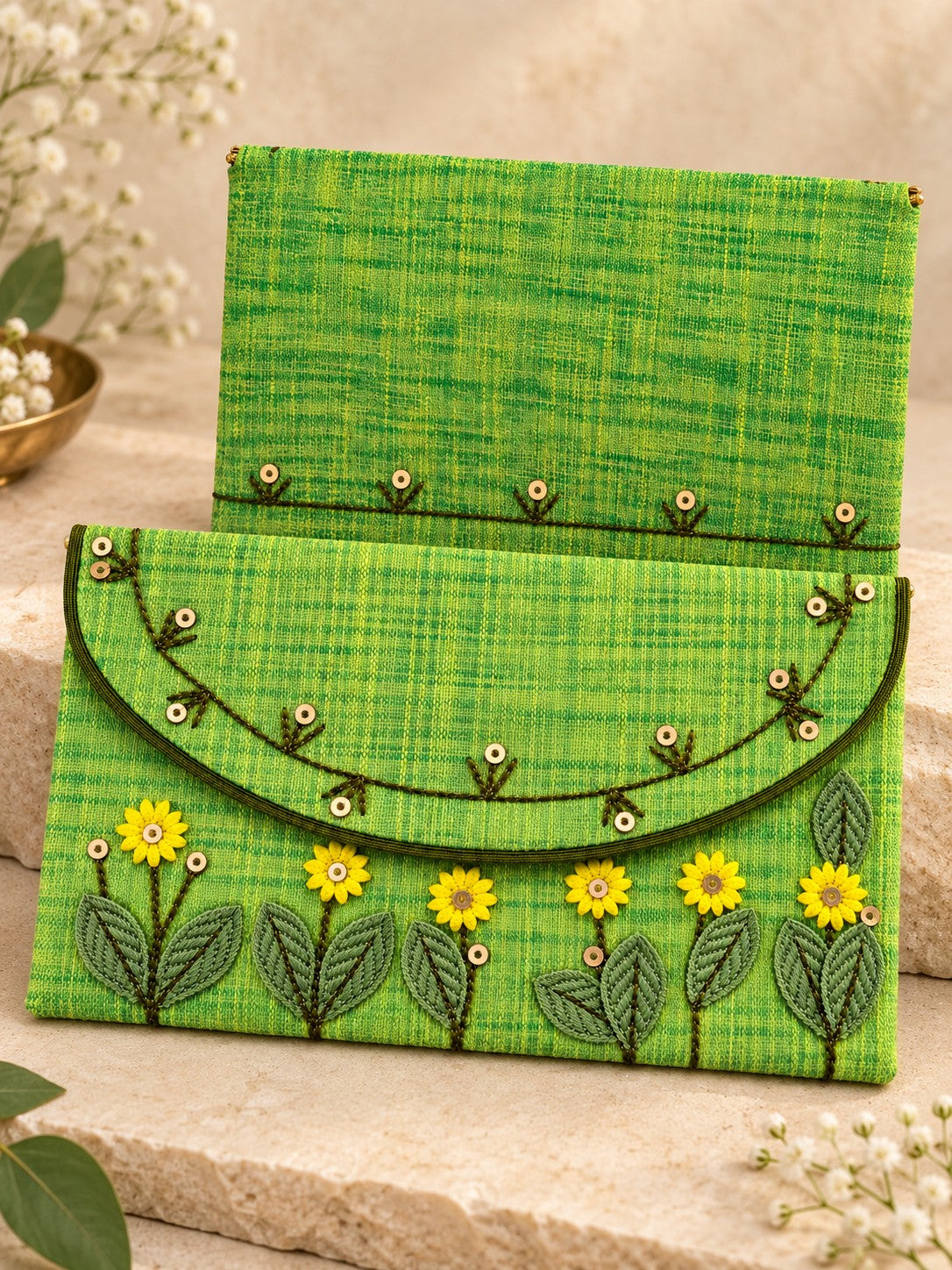 Front and back of the Sarson green Khadi shagun envelope