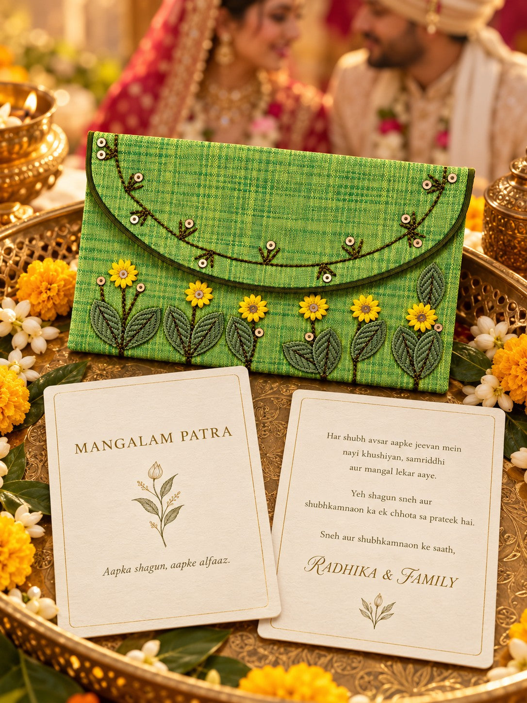 Sarson Khadi shagun envelope with wishes card at an Indian wedding