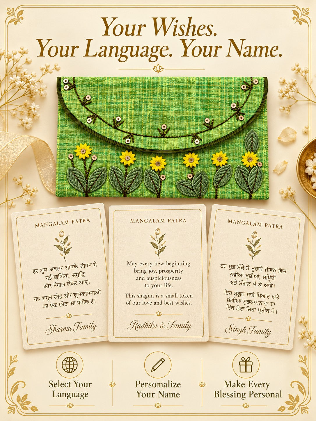Personalised wishes card in Hindi, English and Punjabi with name