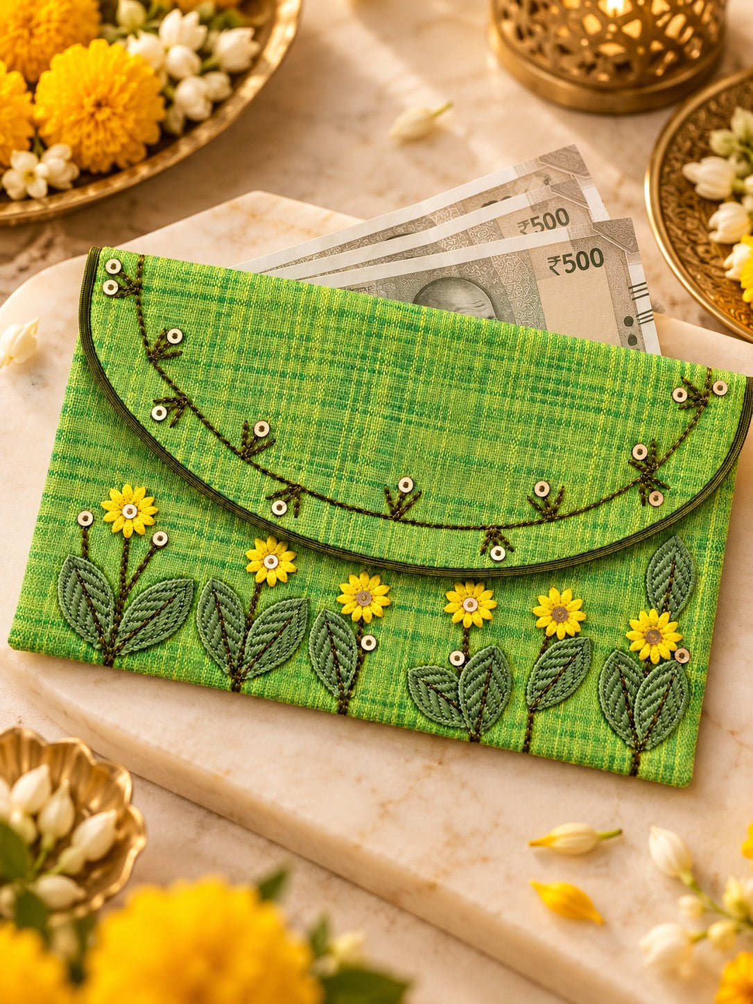 Sarson Khadi shagun envelope with Rs 500 notes