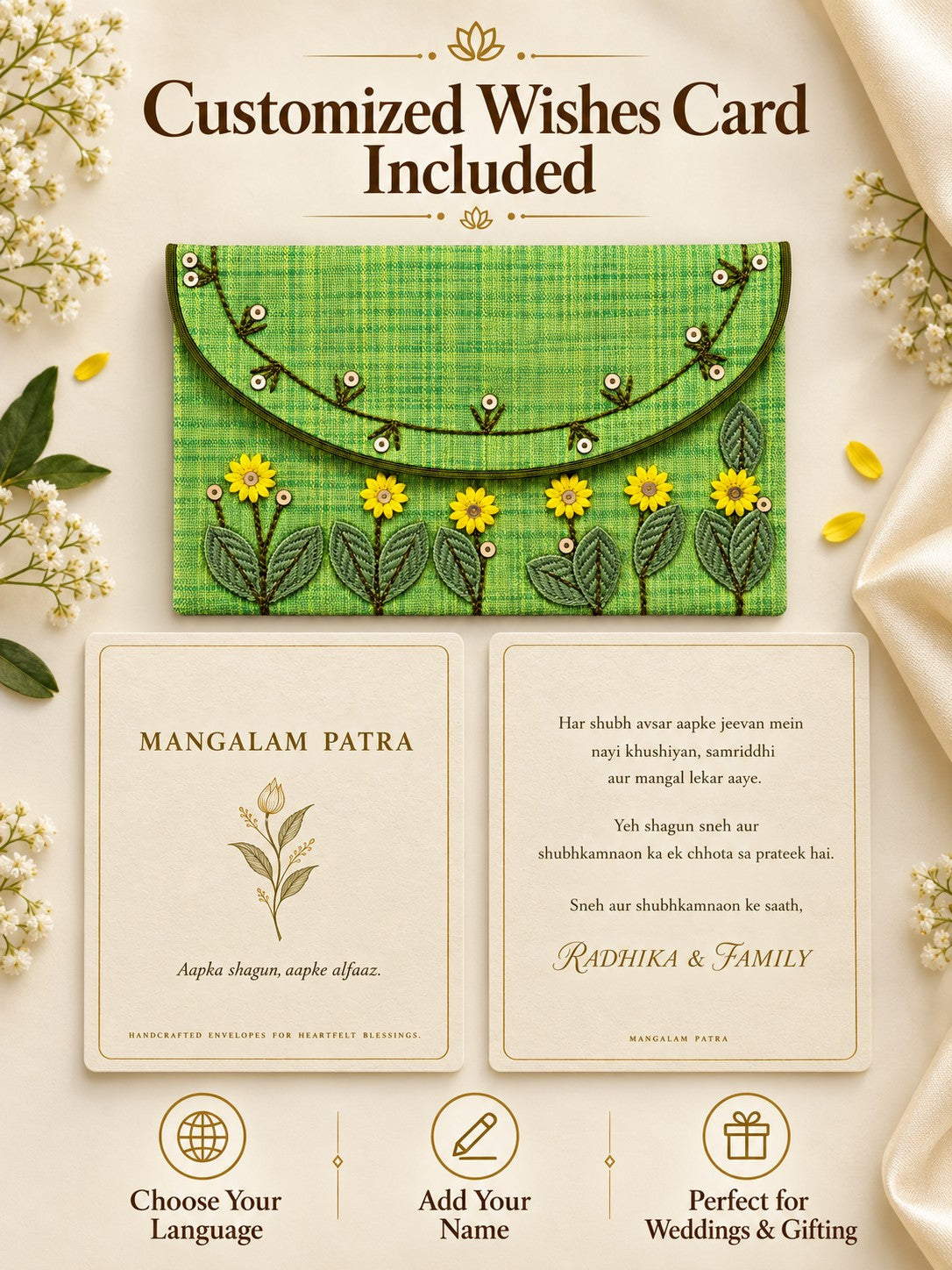 Customised wishes card included with Khadi shagun envelope