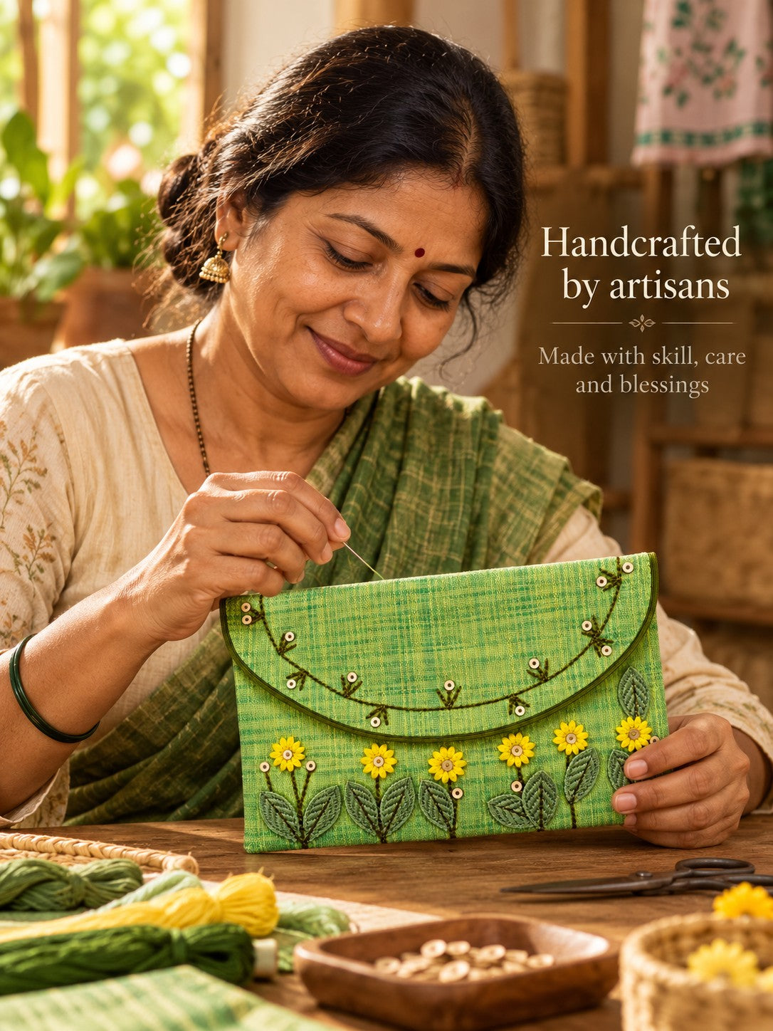 Artisan hand embroidering the Sarson Khadi shagun envelope