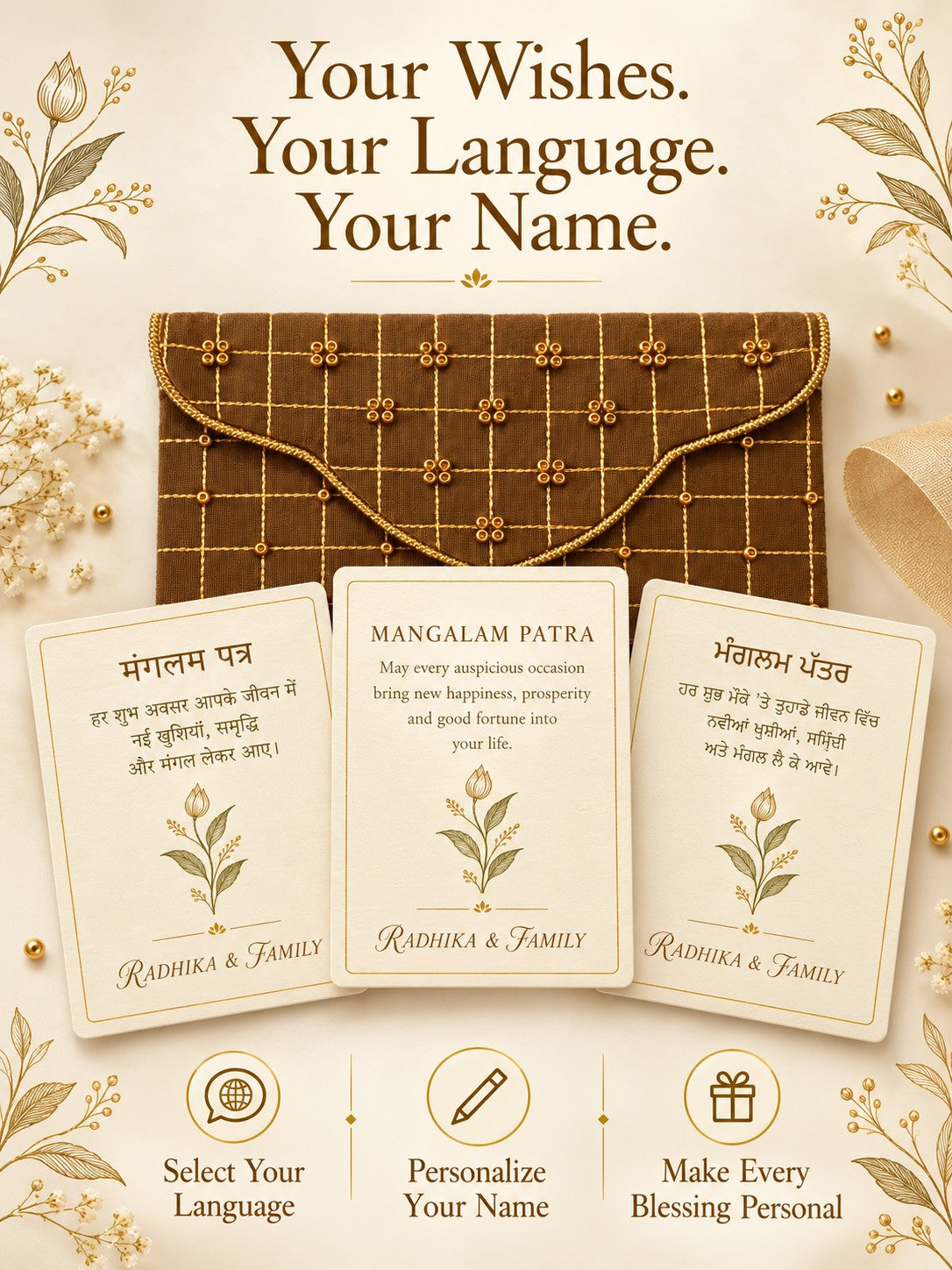 Personalised wishes card in Hindi, English and Punjabi with name