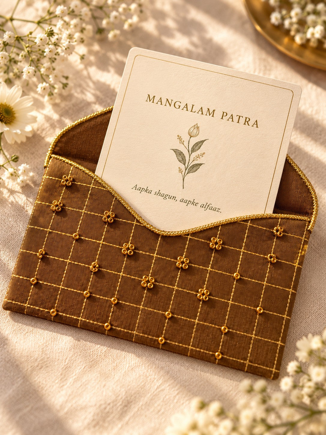 Personalised wishes card coming out of the Sunehri Khadi envelope