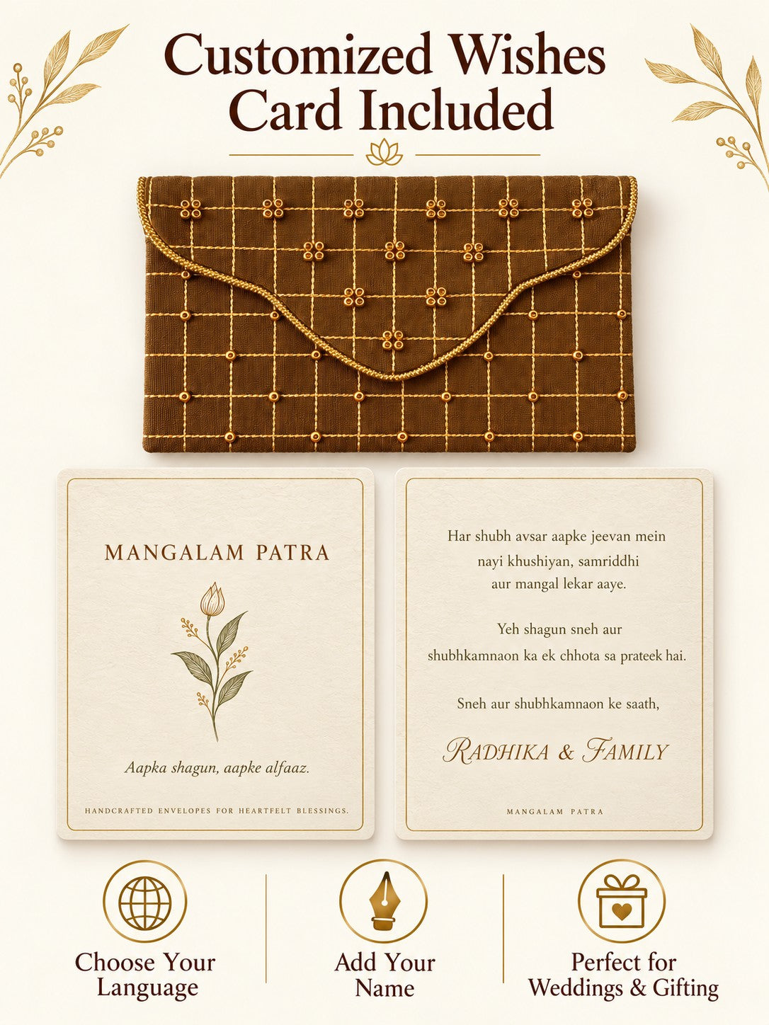 Customised wishes card included with Khadi shagun envelope