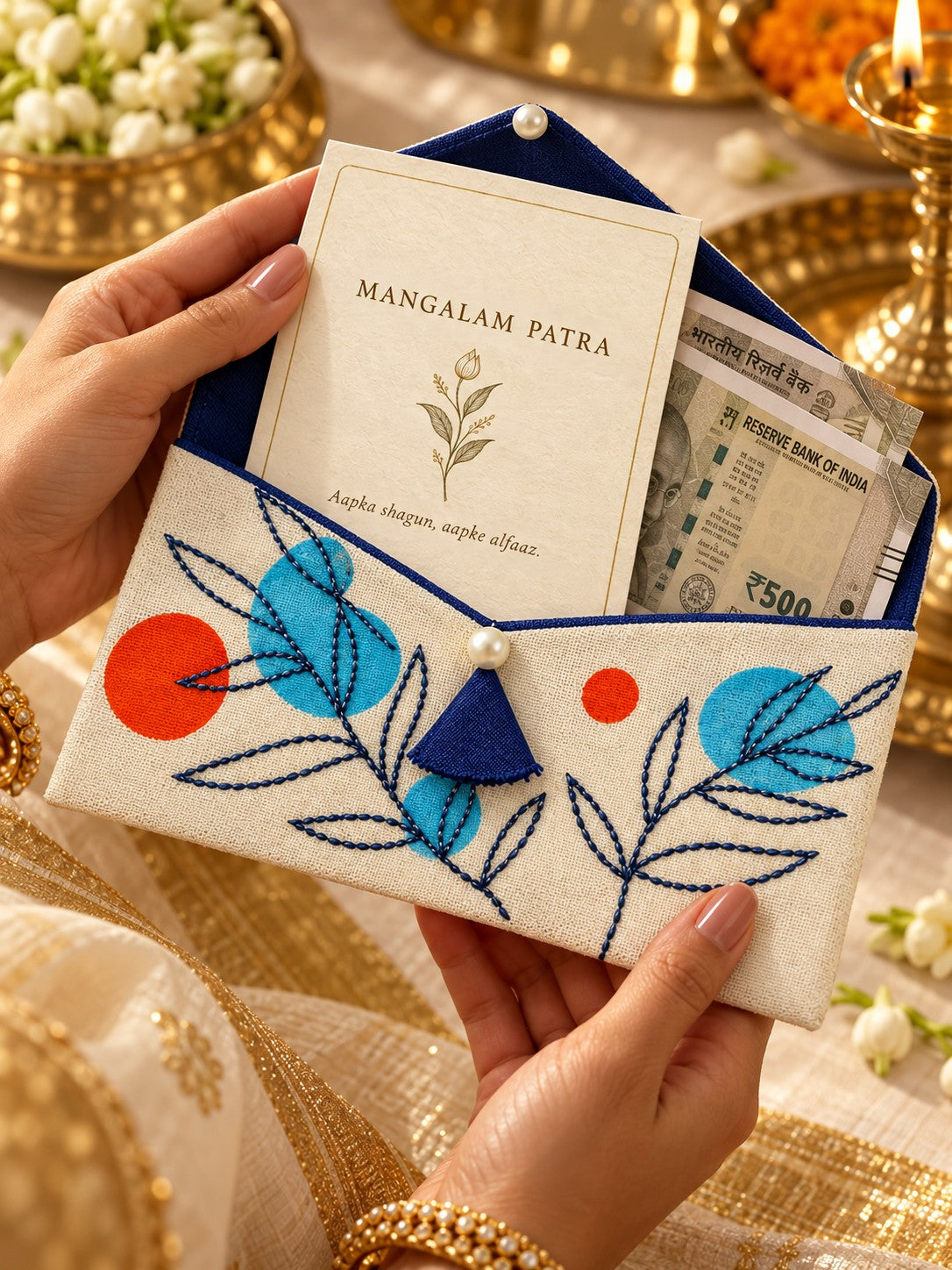 Tehni Khadi shagun envelope in hand with wishes card and Rs 500 notes