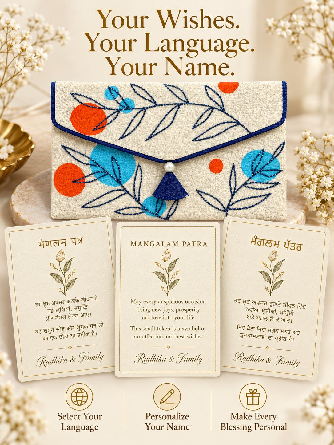 Personalised wishes card in Hindi, English and Punjabi with name
