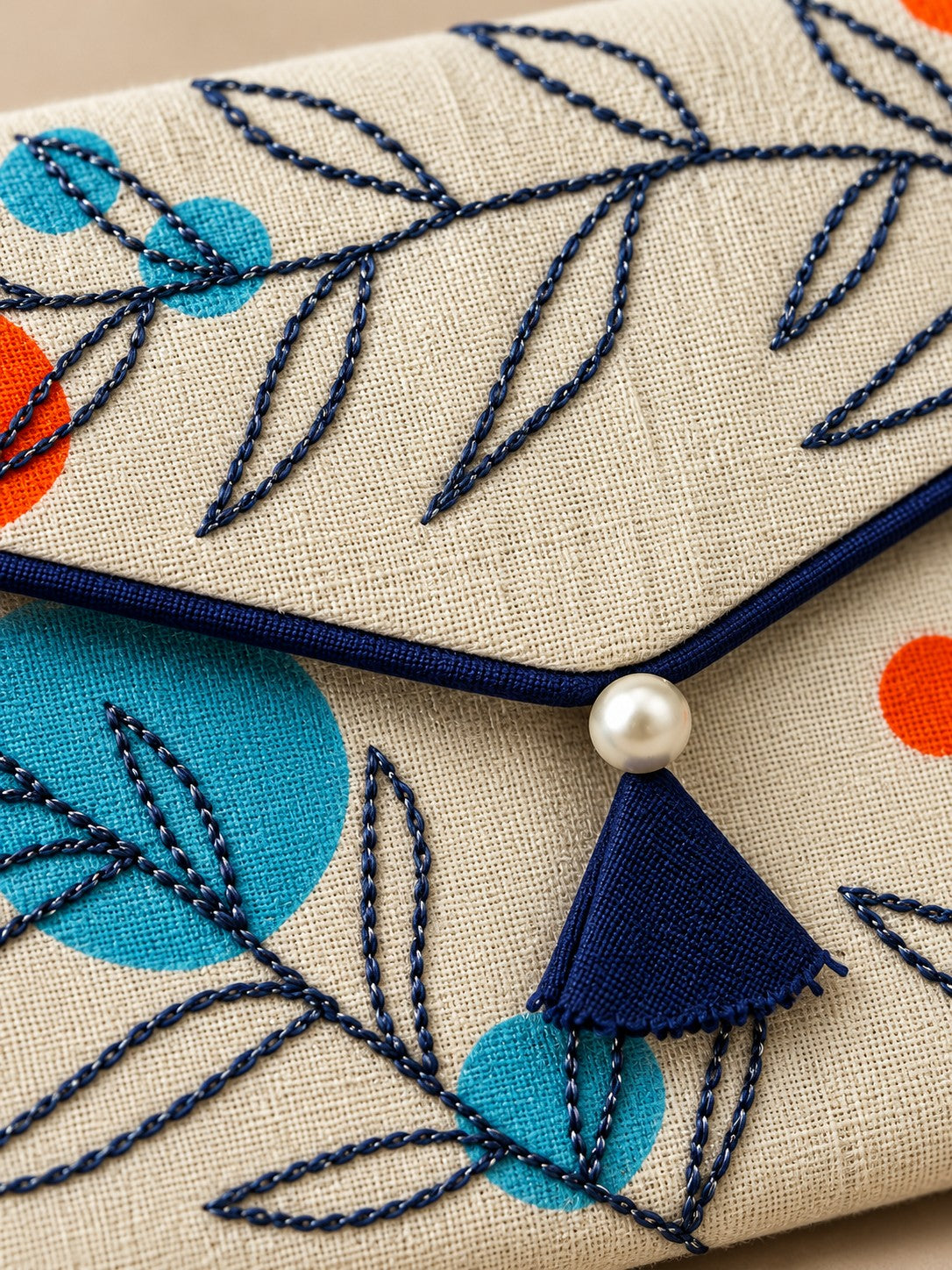 Close-up of hand embroidered navy twigs, pearl and tassel on Khadi envelope