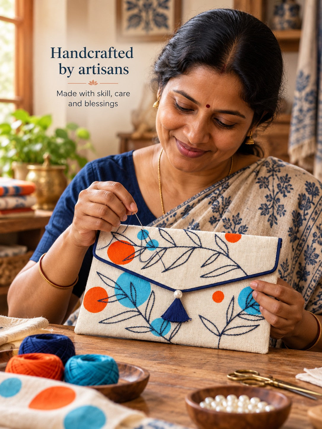 Artisan hand embroidering the Tehni Khadi shagun envelope