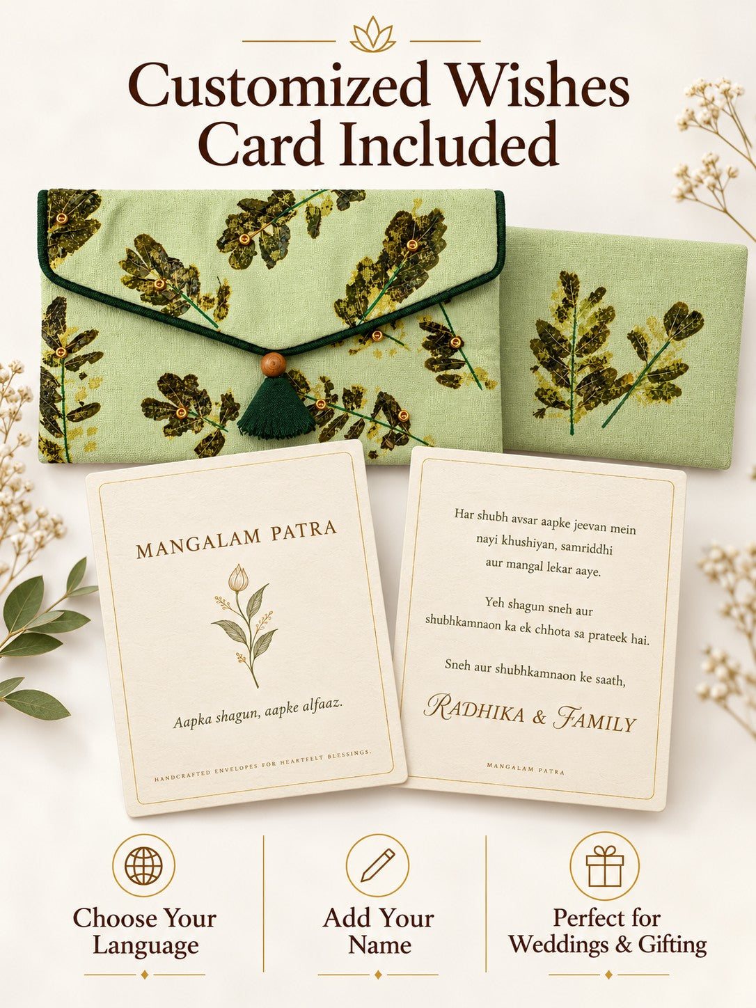 Customised wishes card included with Khadi shagun envelope